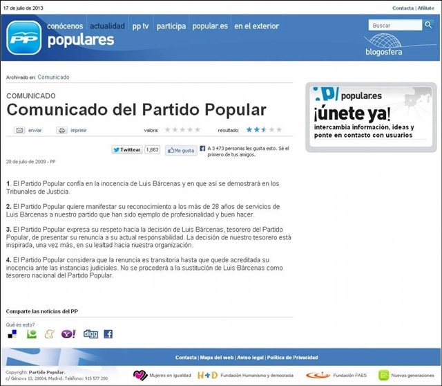 La web del PP 'aún' defiende a Bárcenas