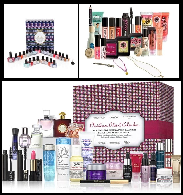 Arriba a la izquierda, Mini Mani Month de Ciaté; a la derecha, productos de Countdown to Love de Benefit. Abajo, kit de Selfridges.