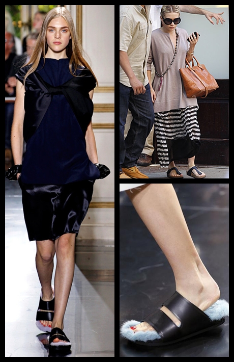 A la izquierda y abajo, reinterpretación de las Birkenstock de Céline. Arriba a la derecha, Ashley Olsen llevando el modelo Gizeh de la marca alemana.