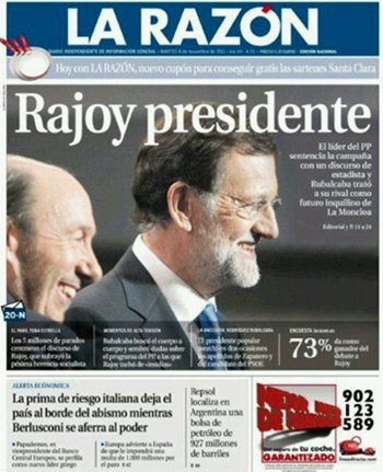 Portada del periódico 'La Razón' | Martes 8 de noviembre de 2011
